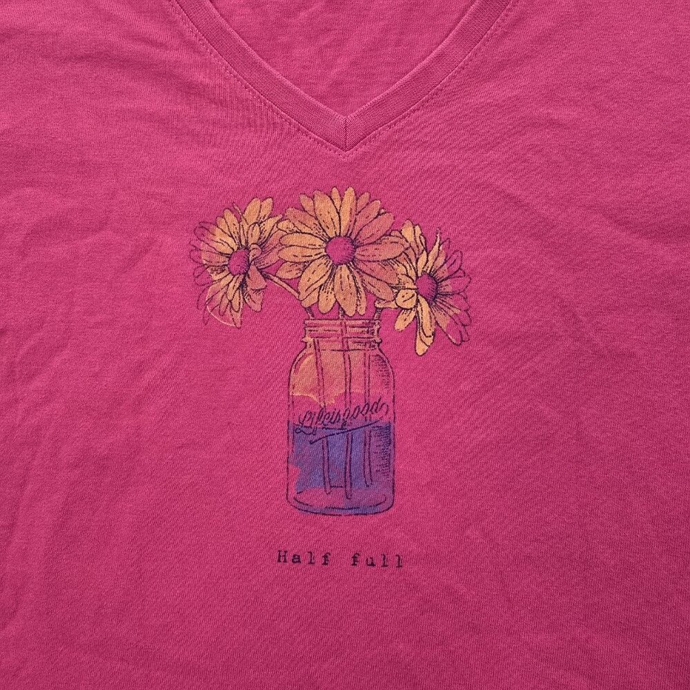 Life Is Good Crusher V-Neck T-Shirt XL Half Full Daisy Flowers Mason Jar Pink - Picture 6 of 8